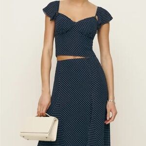 Reformation “Sadie” Navy Polka Dot Midi 2PC skirt set NWOT